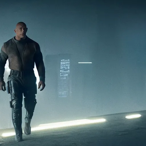 Image similar to a still from Blade Runner 2049 of Dwayne Johnson in futuristic power armor, highly detailed, 4k, cyberpunk