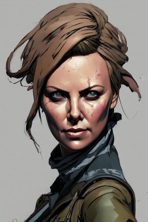 Image similar to a study of cell shaded portrait of Charlize Theron sharpshooter as Borderlands 3 concept art, llustration, post grunge, concept art by josan gonzales and wlop, by james jean, Victo ngai, David Rubín, Mike Mignola, Laurie Greasley, highly detailed, sharp focus, alien, Trending on Artstation, HQ, deviantart, art by artgem