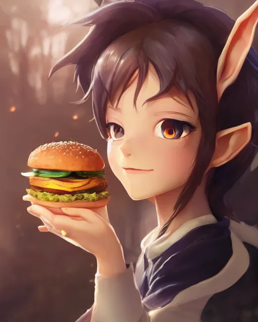 Image similar to adorable elf girl holding a burger, lord of the rings aesthetic, single subject, close centered shot of burger, ambient lighting, white hair, detailed face, by makoto shinkai, stanley artgerm lau, wlop, rossdraws