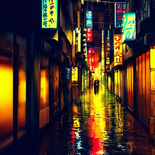Prompt: a cinematic shot of a Tokyo Alleyway at night, wet street, in the style of blade runner, colorful, neon, trending on artstation