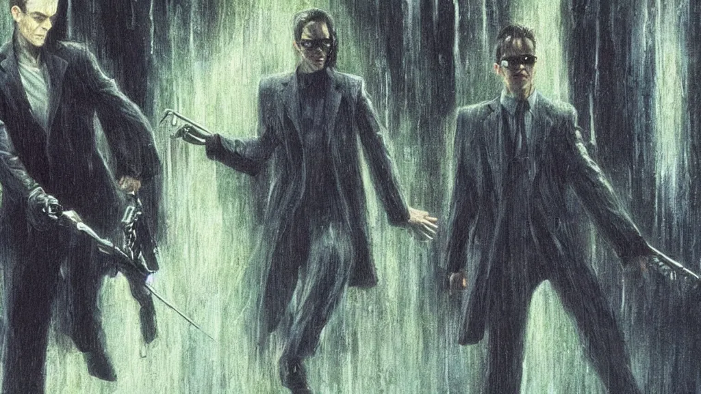 Image similar to an oil painting in the style of alan lee depictingneo fighting agent smith in the movie the matrix ( 1 9 9 9 )