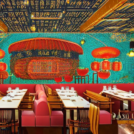 Image similar to a beautiful hyperdetailed interior 4 k hd wallpaper illustration of roasted string hotpot restaurant restaurant yan'an, wall painting, from china, with merchant logo, fine delicate structure, surrealistic, chinese style, victo ngai