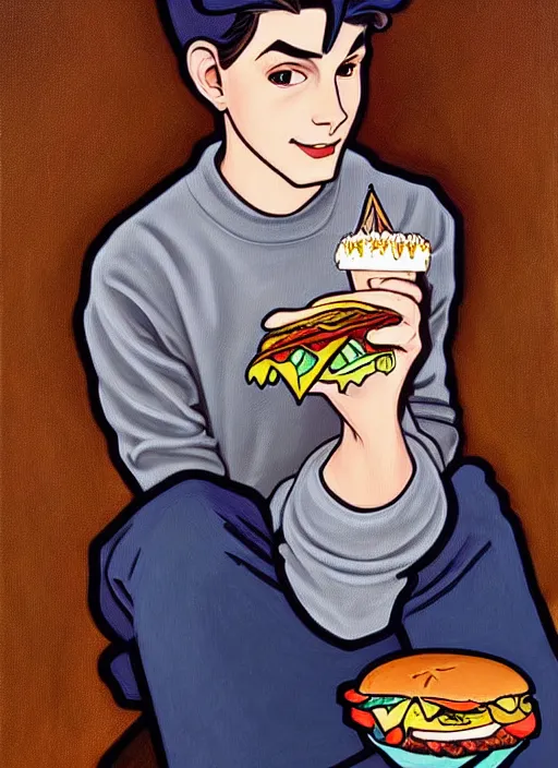 Image similar to oil painting, teenage jughead jones, wears a light grey crown, and devours a hamburger, intricate, elegant, highly detailed, pinocchio nose, lighting, painting, artstation, smooth, illustration, art by greg rutowski and alphonse mucha