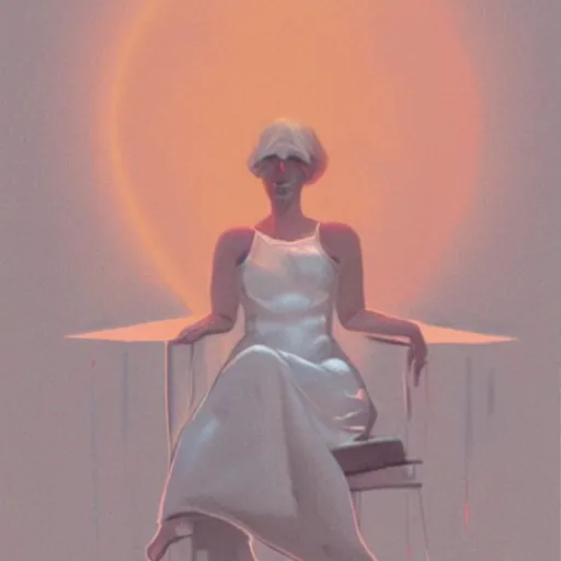 Image similar to a woman in a white dress sitting in a chair, concept art by john carpenter, volumetric lighting, hypermodernism, criterion collection