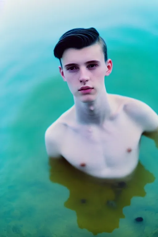 Prompt: high quality pastel coloured film mid angle docu photograph of a beautiful young 2 0 year old male, soft features, short black hair, floating in an icelandic black rock pool environment. atmospheric. three point light. photographic. art directed. ( pastel colours ). volumetric light. clearcoat. waves glitch. 8 k. filmic.