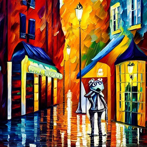 Image similar to impasto acrylic painting of a muppet in a serene paris streetscape at night. inspired by leonid afremov, artstation, art - deco, cinematic lighting
