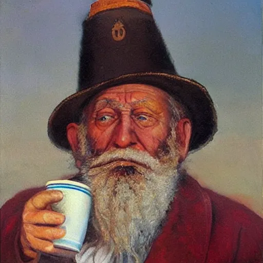 Image similar to painting of sailor hobo hyperrealism vasily vereshchagin with beer mug