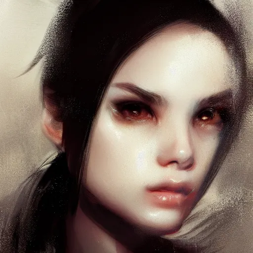 Prompt: a cute girl by ruan jia, closeup headshot, black ponytail, movie style.
