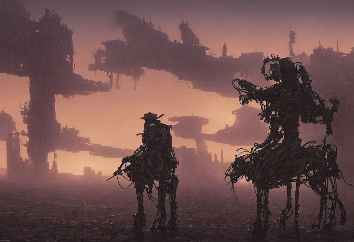 Image similar to cybernetic robot cowboy in a desolate wild west setting at sunset with a futuristic city on the horizon, by daniel - by greg rutkowski and raymond swanland hr giger and zdzislaw beksinski and alphonse mucha and moebius, matte painting, hyperdetailed, symmetry, art nouveau, beautiful render, concept art