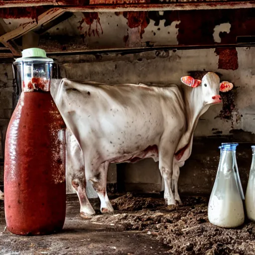 Image similar to dirty bottle of milk and a cow inside rusted slaughterhouse