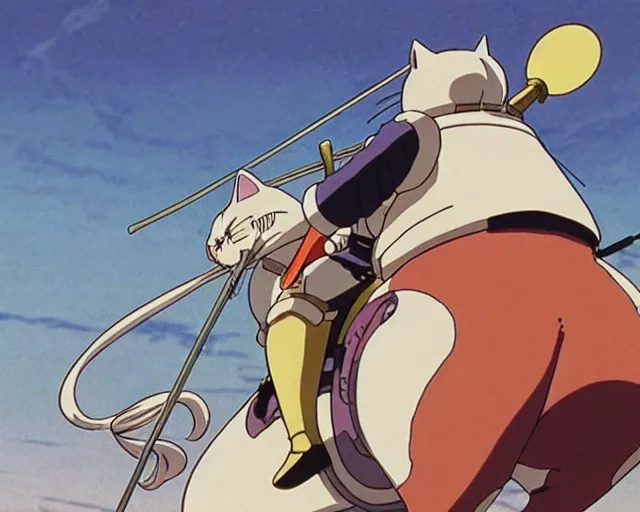 Prompt: anime fine details comics spread about obese knight riding a giant cat, bokeh. anime masterpiece by studio ghibli. 8 k, sharp high quality classic anime from 1 9 9 0 in style of hayao miyazaki