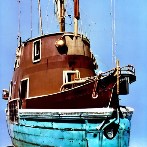 Prompt: photograph of a blue steam punk trawler kodachrome sunshine