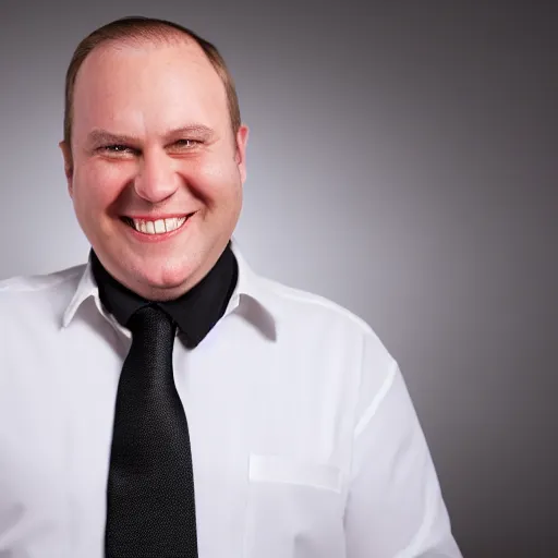 Image similar to clean - shaven portly white man wearing a crisp white dress shirt, necktie, black trousers, and black shoes. he looks very happy. studio background, studio lighting.