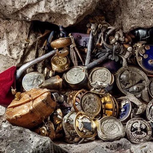 Image similar to a pirate's treasure hoard, hidden in a cave