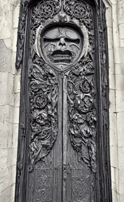 Prompt: door with carved sinister face head. cast iron. gothic medieval baroque. symmetry. epic. ominous shapes. hyper detailed. photoreal