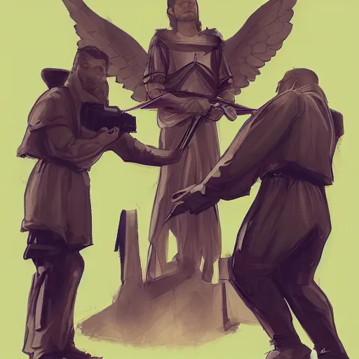 Image similar to angels protecting a praying man, by Alex Flores, Trending on artstation, deviantart