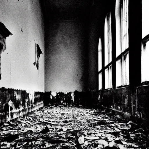 Image similar to unfocused black and white photographs of a ghost in an abandoned asylum | by Daido Moriyama | by Eugene Atget | horror mood | high contrast | terrifying ghost