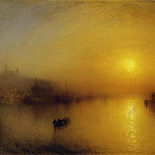 Image similar to sunrise over the river, william turner, english romanticism painter