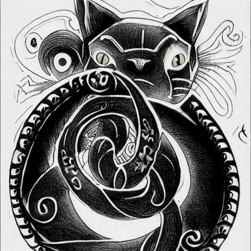 Image similar to one cat biting it's tail, Ouroboros, circle 0f life, tattoo design, designed by Iain McCaig