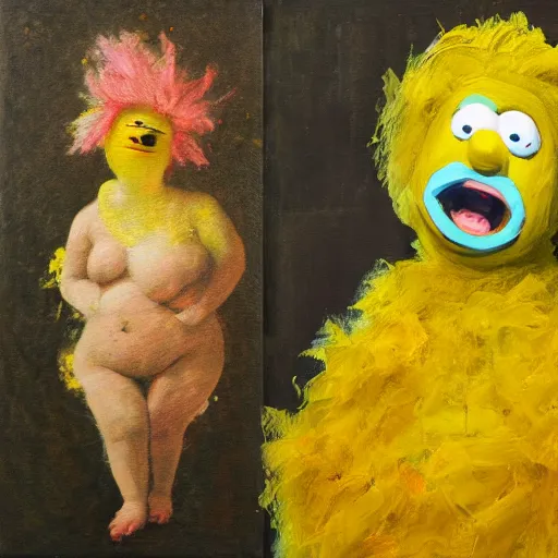 Prompt: impasto painting of a glowing kewpie doll that looks like Big Bird, painted in the style of Watteau with sad minion eyes, thick paint, visible brushstrokes, abstract elements