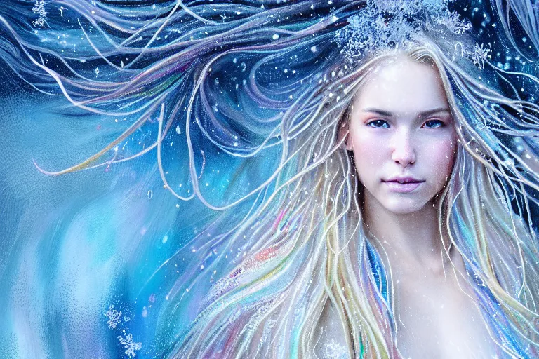 Image similar to highly detailed portrait of a beautiful girl running in snow with wet blonde hair and pale face, swirling wispy tendrils, bright scattered rainbow-colored particles, fantasy, intricate, elegant, dramatic lighting, emotionally evoking symbolic metaphor, highly detailed, lifelike, photorealistic, digital painting, artstation, concept art, smooth, sharp focus, illustration, art by John Collier and Albert Aublet and Krenz Cushart and Artem Demura and Alphonse Mucha