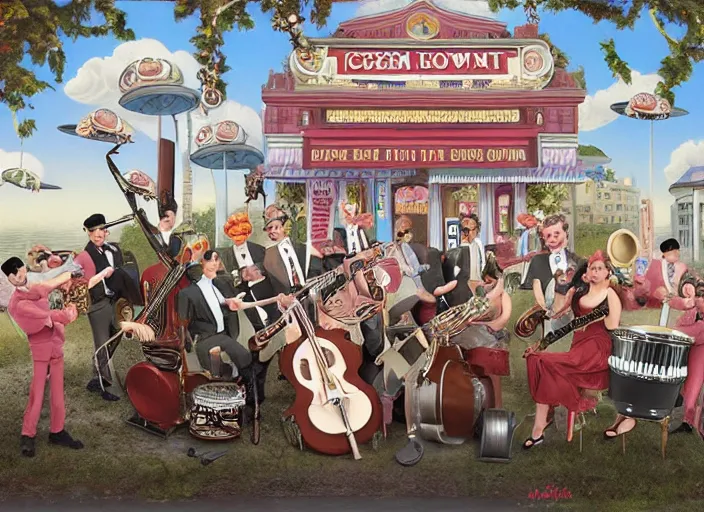 Image similar to the ice cream jazz band, lowbrow, matte painting, 3 - d highly detailed, in the style of mark ryden,