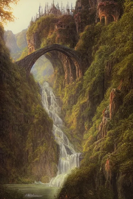 Image similar to beautiful detailed matte painting of Rivendell at the gorge, evening, Alan Lee, Artstation