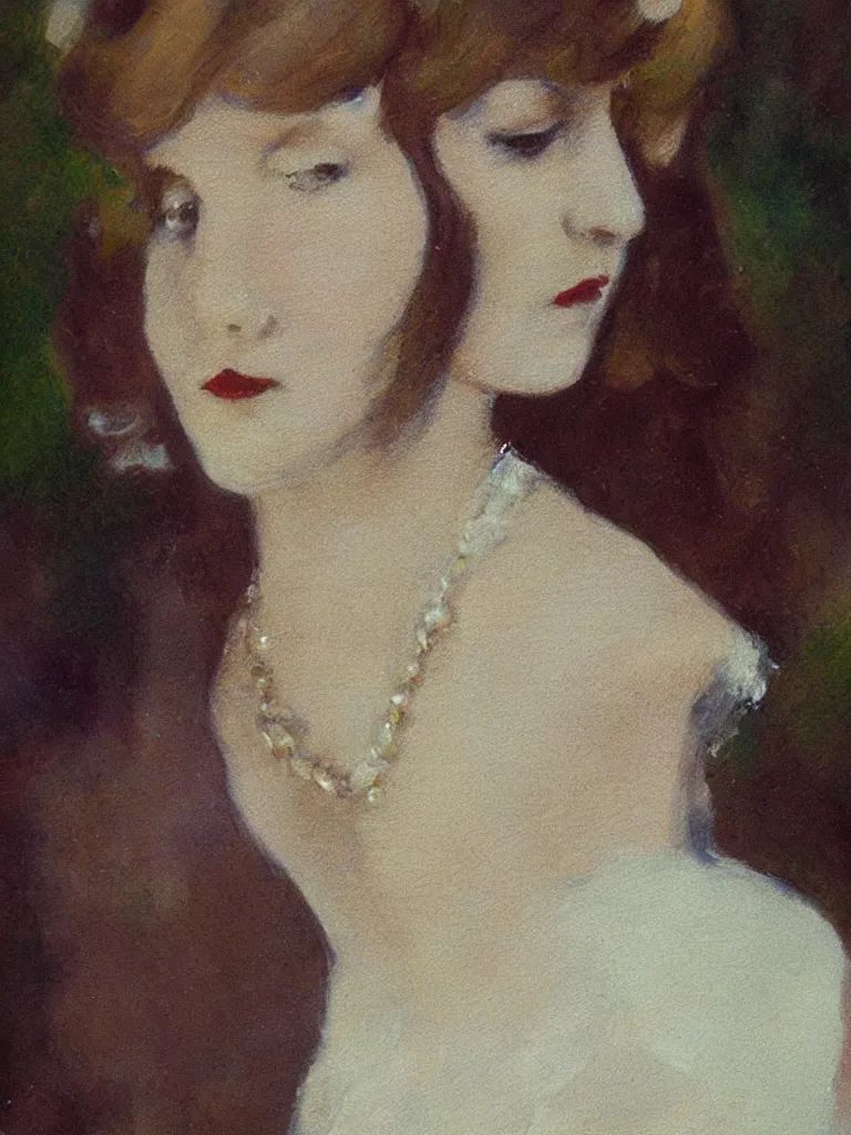 Image similar to portrait of < zelda fitzgerald > as a beautiful young lady wearing 1 9 2 0 s fashion, blurry face, brown hair, slim, fair, severe out of focus, depth of field, pleinairism, in the sun, backlit, closeup, oil on canvas, atr by monet, in the style of le promenade, smooth, impressionnisme, 8 k