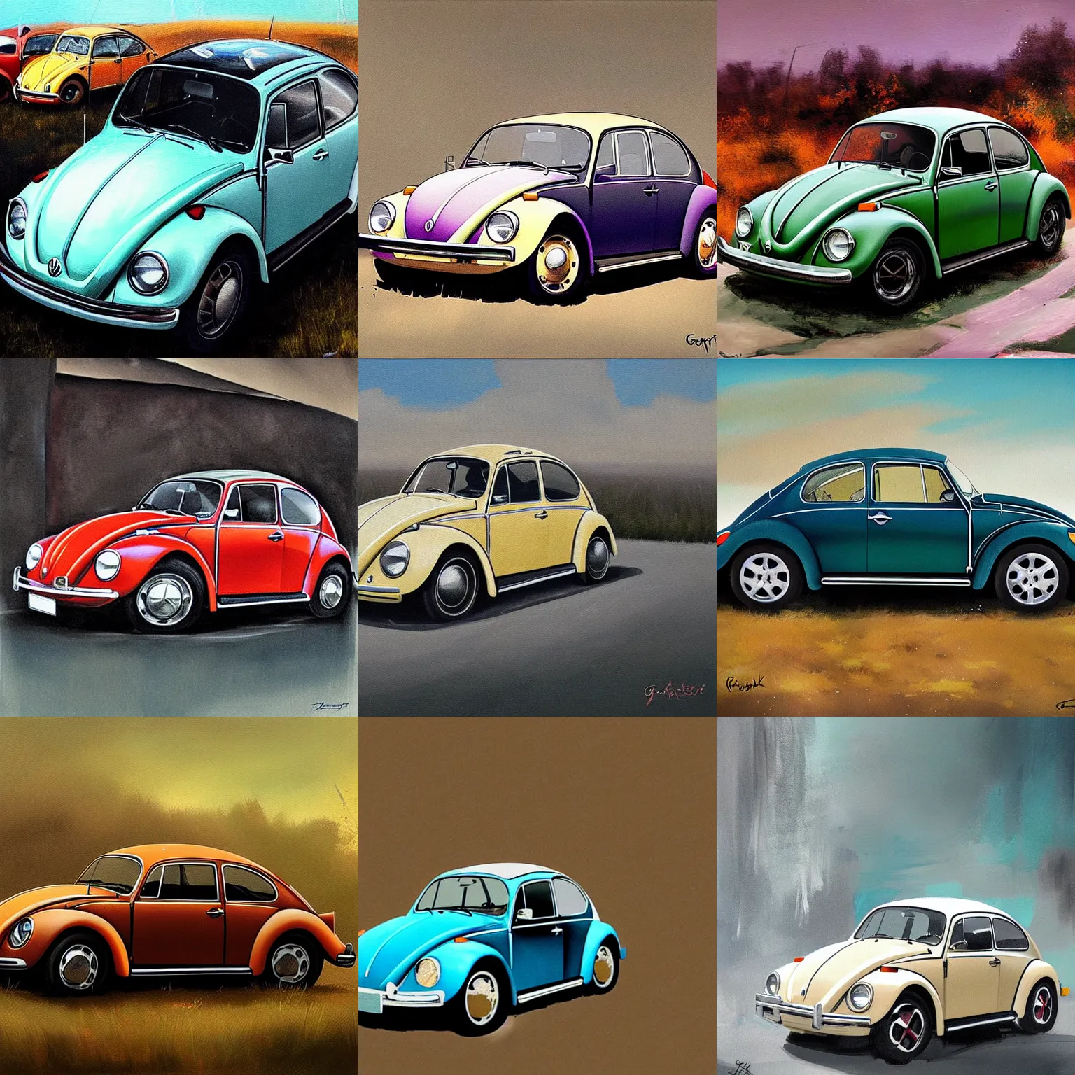 Prompt: painting of a 1970 vw beetle painted by greg rutkowski