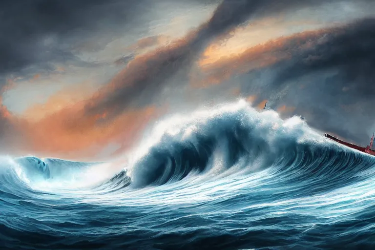 Image similar to a giant tsunami wave with cat size ship, digital painting, epic composition, highly detailed, 8 k