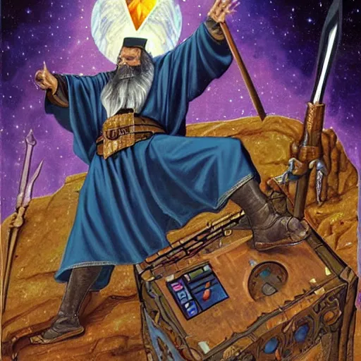 Image similar to a medieval wizard destroys his computer with magical energy, by david mattingly.