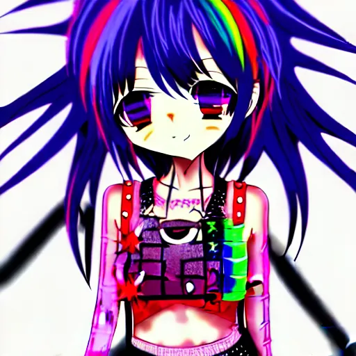 Image similar to emo anime girl, scene, rainbowcore, vhs monster high, glitchcore witchcore, checkered spiked hair, pixiv