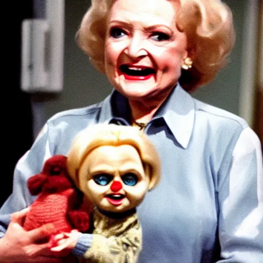 Prompt: betty white holding chucky the killer doll