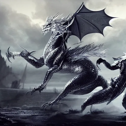 Prompt: a silver dragon fighting a knight, concept art, cinematic lighting, hyper realistic, fantasy art