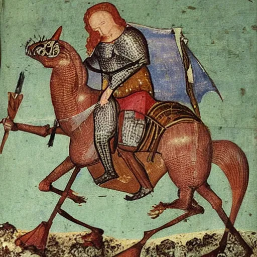 Image similar to knight riding on lizard, medieval painting