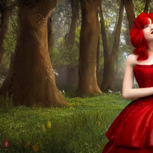 Prompt: red head queen, alice in wonderland theme, disney photo realistic, octane render, 8 k, unreal engine, hd, cinematic lighting