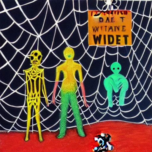 Prompt: a drawing of two people standing in front of a spider web, a surrealist painting by david wojnarowicz, behance contest winner, psychedelic art, chalk art, dystopian art, academic art