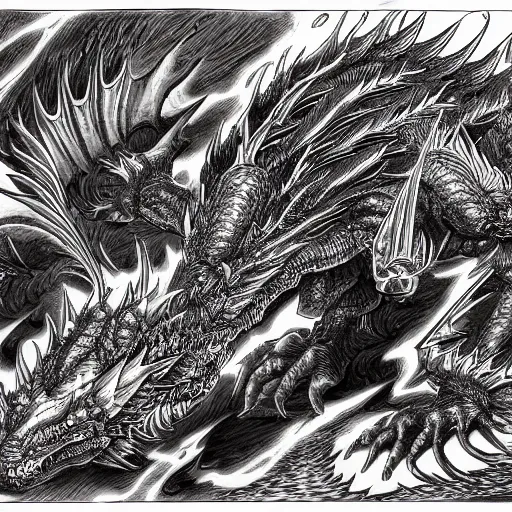 Image similar to Automaton fire dragon spirit, drawn by Kentaro Miura, ink, manga, maximalist, high detail, 8k