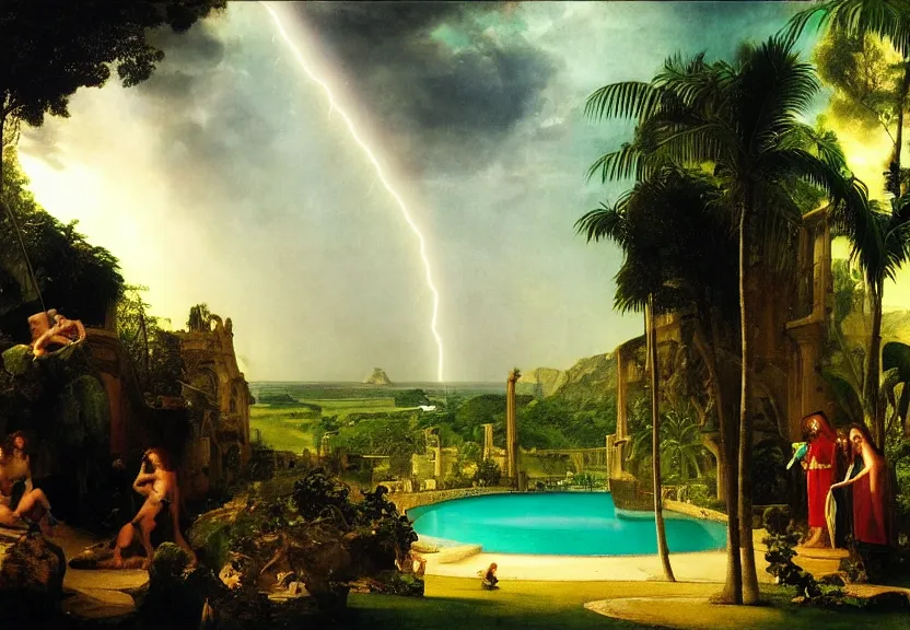 Image similar to Palace of the chalice, refracted sparkles, thunderstorm, greek pool, beach and Tropical vegetation on the background major arcana sky, by paul delaroche, hyperrealistic 4k uhd, award-winning, very very very detailed