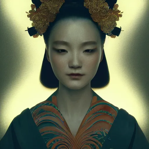 Prompt: portrait of a geisha, fractal, intricate, elegant, highly detailed, digital photography, subsurface scattering, cinematic lighting, by jheronimus bosch and james jean and greg rutkowski,