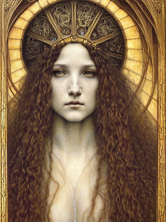 Image similar to detailed realistic beautiful young medieval queen face portrait by jean delville, gustave dore and marco mazzoni, art nouveau, symbolist, visionary, gothic, pre - raphaelite. horizontal symmetry