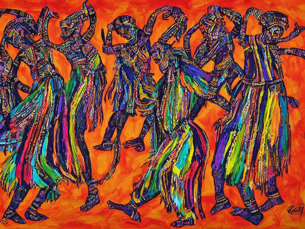 Image similar to surreal, tribal dance, art by mark fredrickson