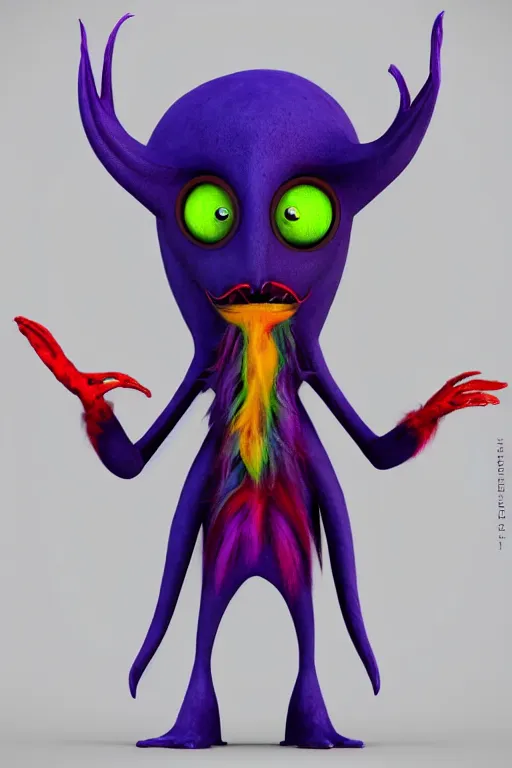 Prompt: 3 d model of a goofy sinister vibrant colored alien with long fur and souless eyes by alexander jansson : 1 | centered, psychedelic, colorful, matte background : 0. 9 | by jim henson : 0. 7 | dave melvin : 0. 4 | unreal engine, deviantart, artstation, octane, finalrender, concept art, hd, 8 k resolution : 0. 8