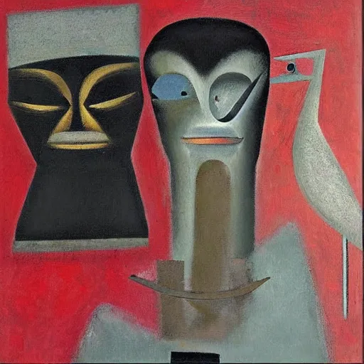 Prompt: Oil painting by Rufino Tamayo. Mechanical gods with bird faces kissing. Oil painting by Lisa Yuskavage.