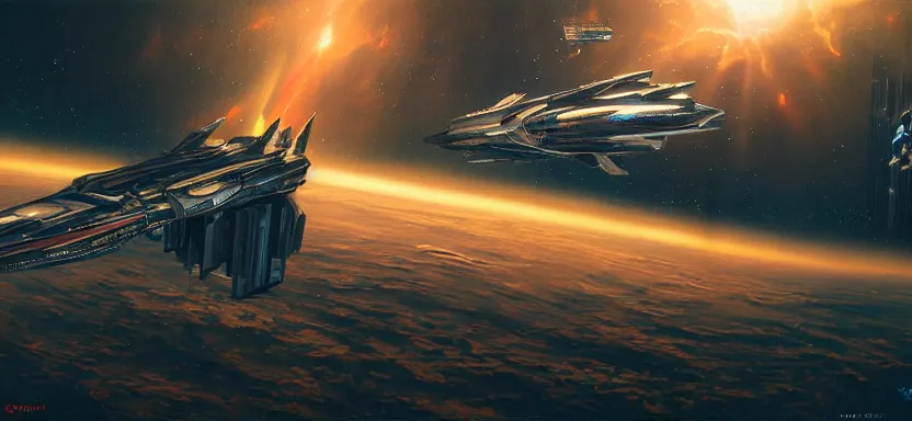 Prompt: beautiful masterpiece painting of spaceship in space, cyberpunk, by juan ortiz 8k