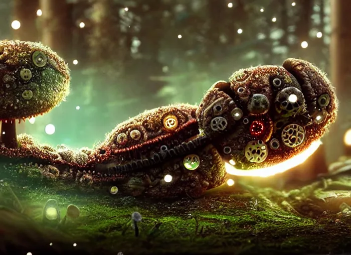 Image similar to 12mm intricate mechanical caterpillar with visible gears and electronics and optic Fibres sitting on top of a mushroom in a magical forest. Very detailed 8k. Fantasy cyberpunk horror. Sharp. Cinematic post-processing