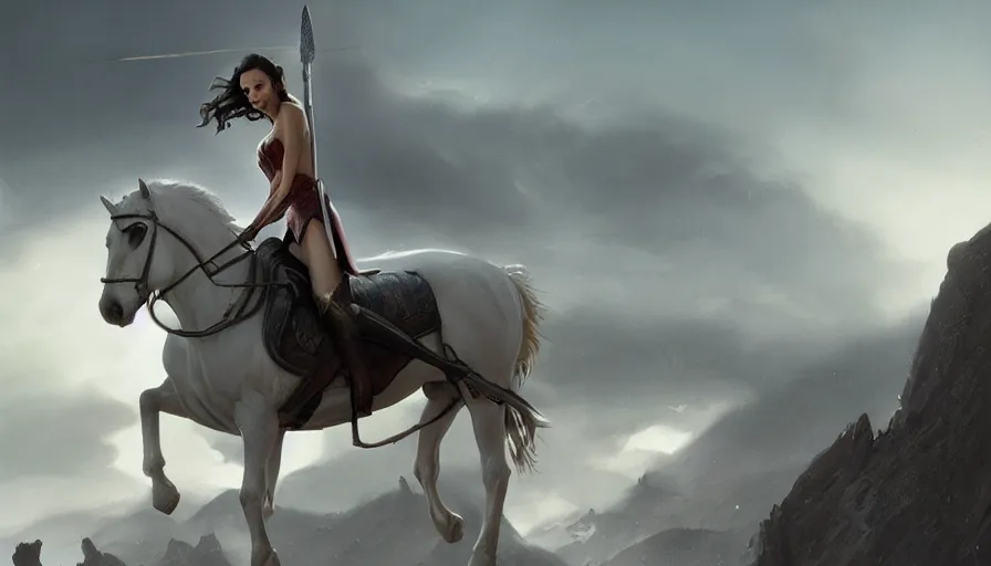 Prompt: gal gadot riding a white horse, an epic fantasy, dramatic lighting, cinematic, establishing shot, extremely high detail, photorealistic, cinematic lighting, artstation, matte painting, by simon stalenhag, shadow of the tomb rider