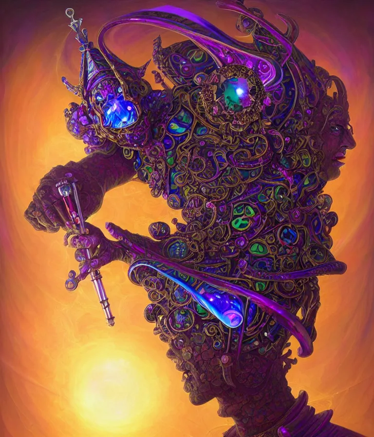 Image similar to front shot of a court jester character, hyperdimensional, bioluminescent hypercubes, dark holography!!!, sunset psychedelic, chrome, (((intricate))), elegant, highly detailed, centered, (((artstation, concept art, smooth, sharp focus, artgerm, Tomasz Alen Kopera, Peter Mohrbacher, donato giancola, Joseph Christian Leyendecker, WLOP, Boris Vallejo))), mugshot!!!!!, ugly!!!!!!, octane render, nvidia raytracing demo, octane render, nvidia raytracing demo, octane render, nvidia raytracing demo, grainy, muted, 8K, digitalblasphemy, metatron