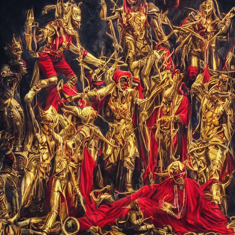 Prompt: pov of man being sacrifice by members of esoteric cult, ektachrome hyper realistic and detailed, wear heavy red ornemental costumes and elongate gold masks and jewels