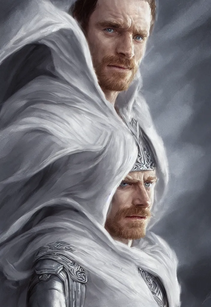 Prompt: Michael Fassbender in white cloak armor, intricate, epic lighting, hyper realistic,ray tracing, white short hair, character concept art, cinematic, artgerm, ultra detailed, artstation trending.